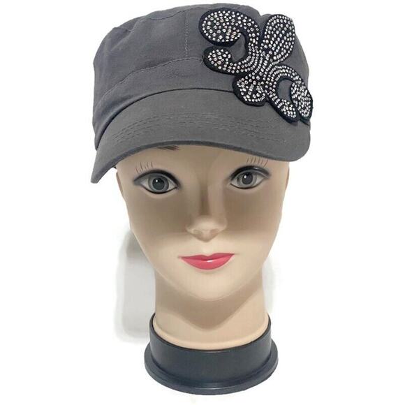 D and Y Accessories Women's Hat Fleur De Lis Rhinestone Elastafit Black Stretch - Picture 1 of 8